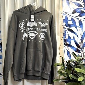 NWT Men’s Gildan Heavy Blend Gray & White Hooded Justice League Sweatshirt Sz L